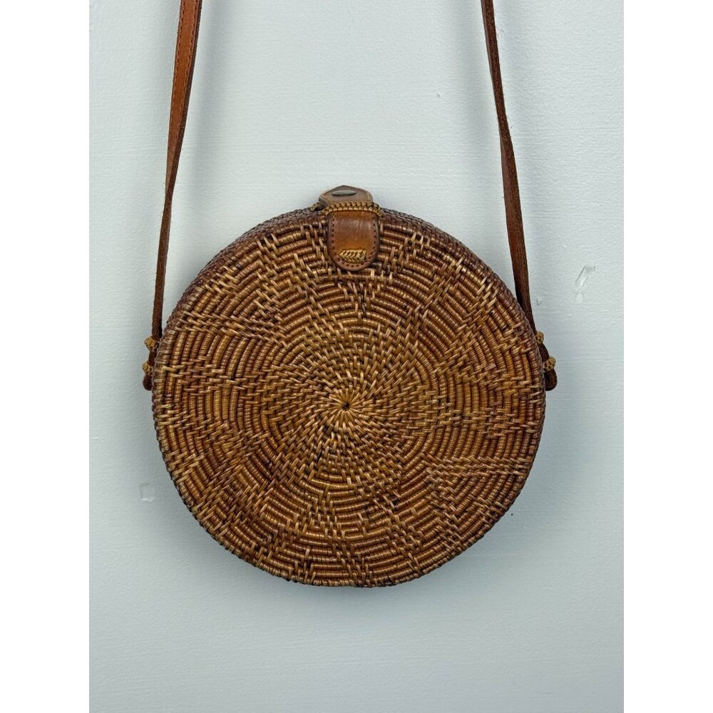 Vintage Handmade Round Boho Wicker Rattan Leather Basket Crossbody Purse - Picture 2 of 7